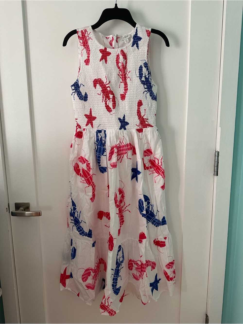 NEW J. Crew White Cotton Midi Dress with Red and Blue Lobster Print